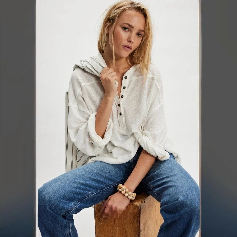 We The Free Cotton Linen Henley Long Sleeve Tee medium ivory white new - Picture 1 of 11
